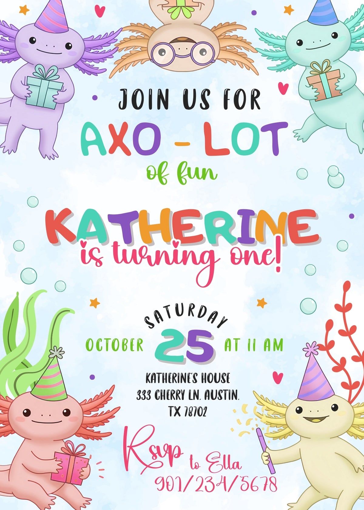 Pastel Axolotl Friends Birthday Invitation - Editable 5×7