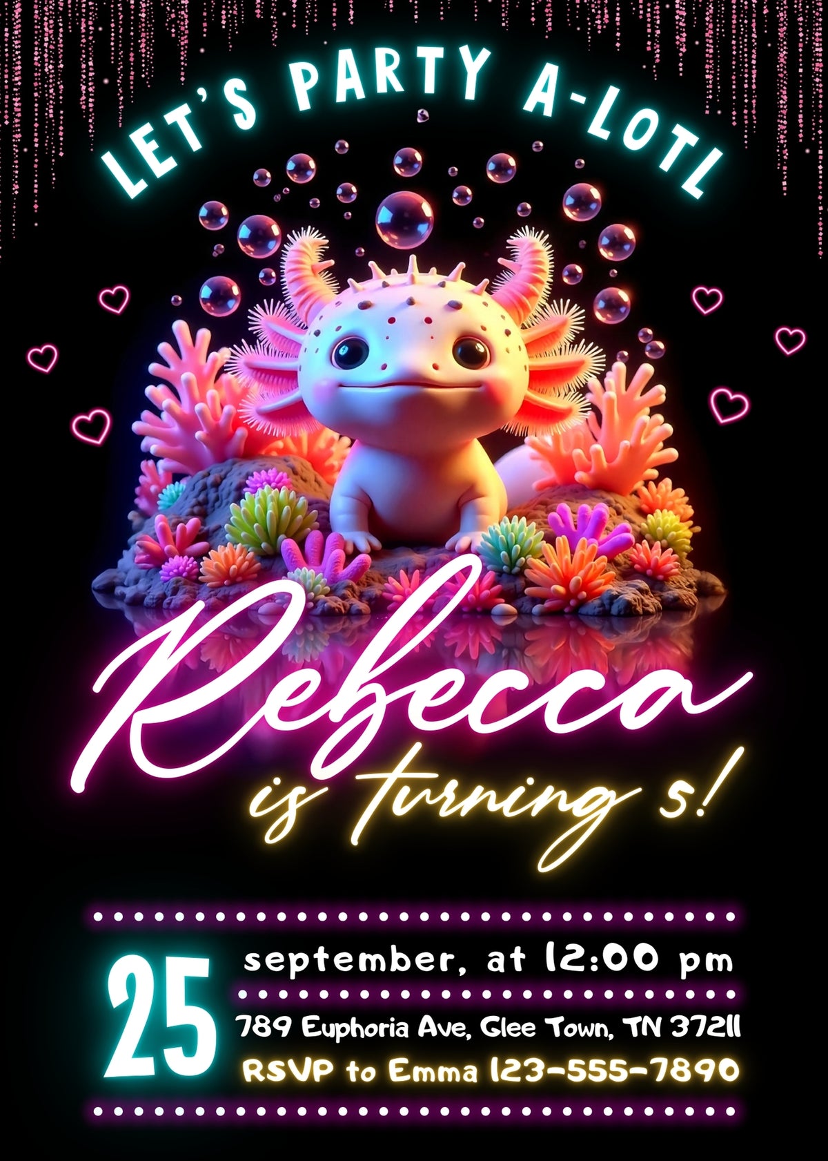 Neon Coral Reef Axolotl Birthday Invitation - Editable 5×7