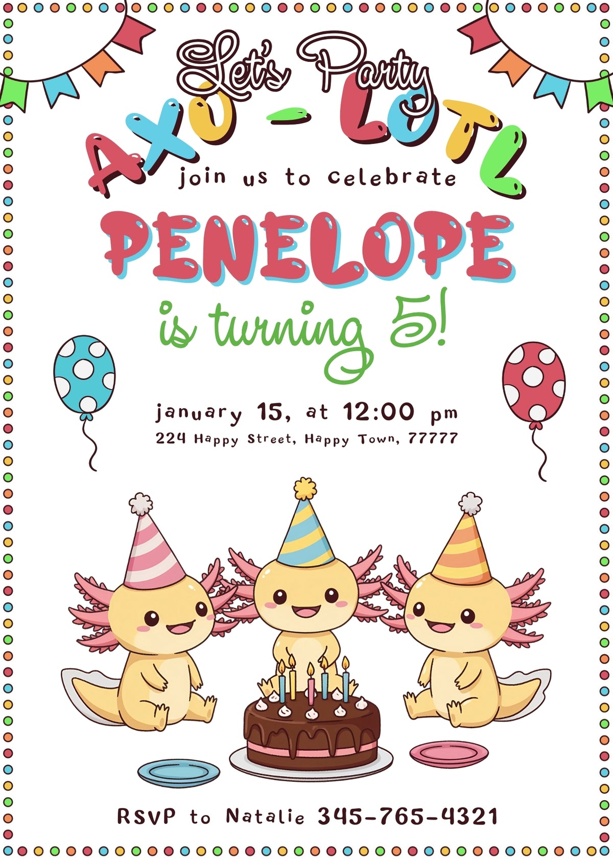 Axolotl Birthday Cake Party Invitation - Editable 5×7