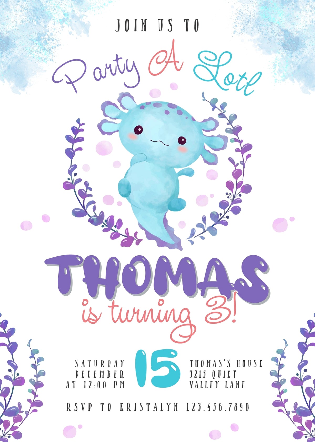 Blue Watercolor Axolotl Birthday Invitation - Editable 5×7