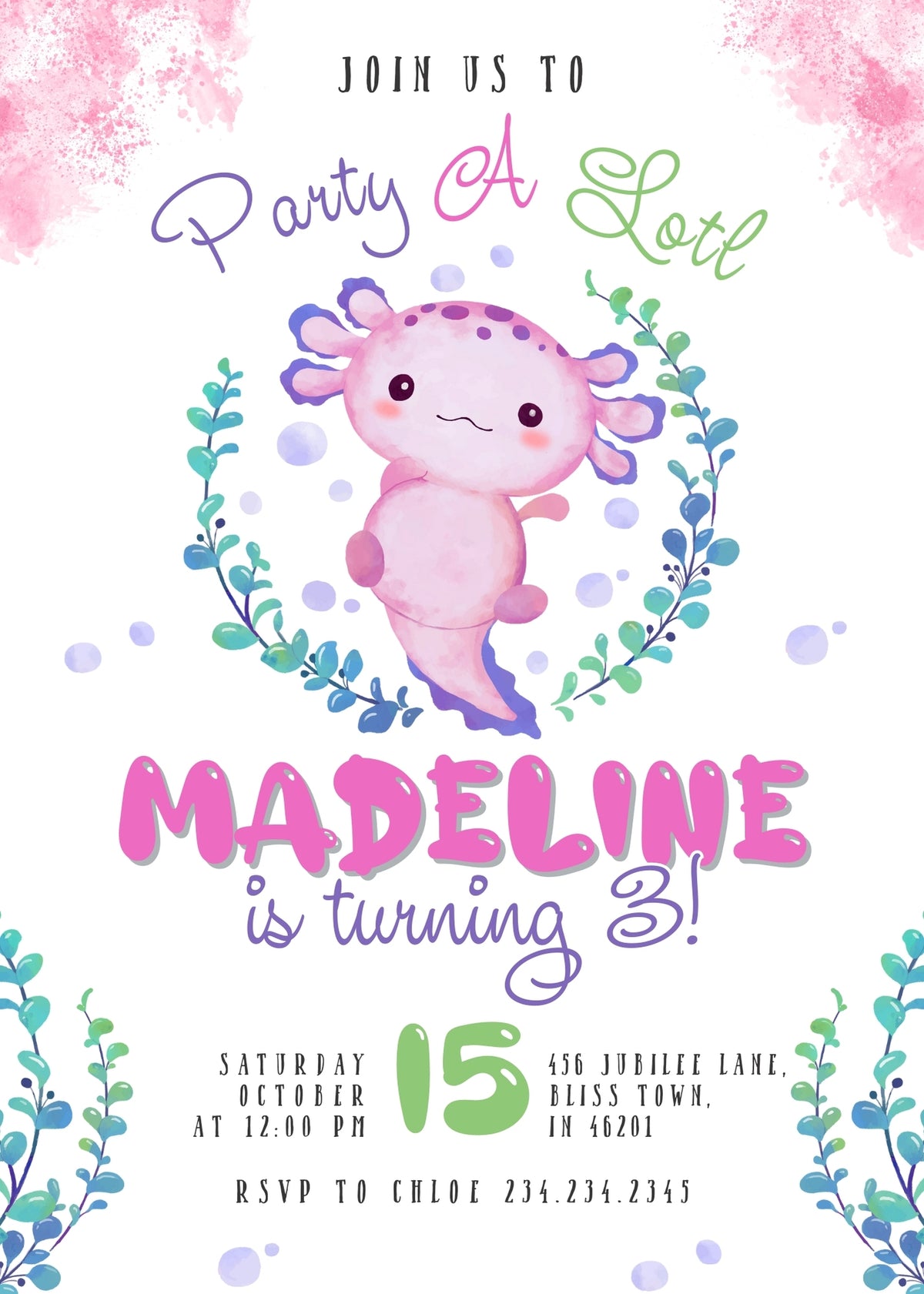 Pink Watercolor Axolotl Birthday Invitation - Editable 5×7