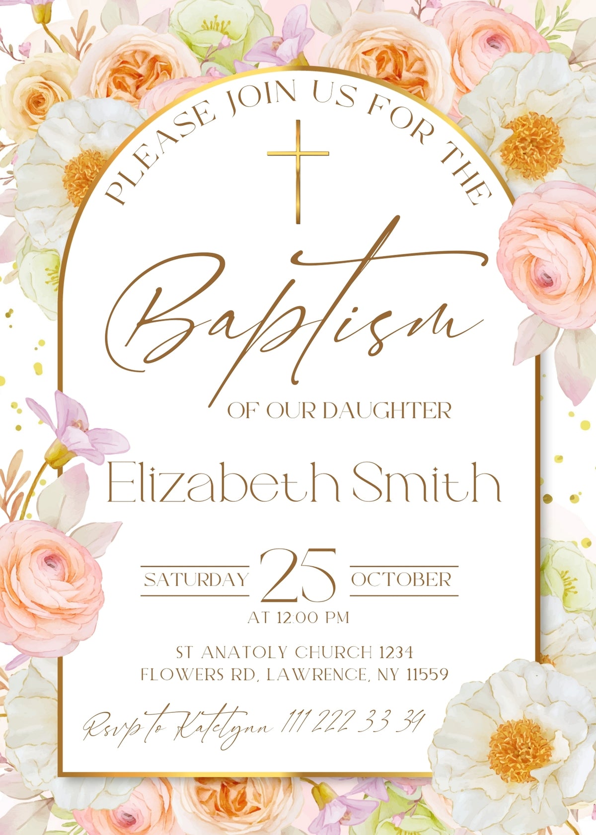 Peach Floral Arch Baptism Invitation - Editable 5×7