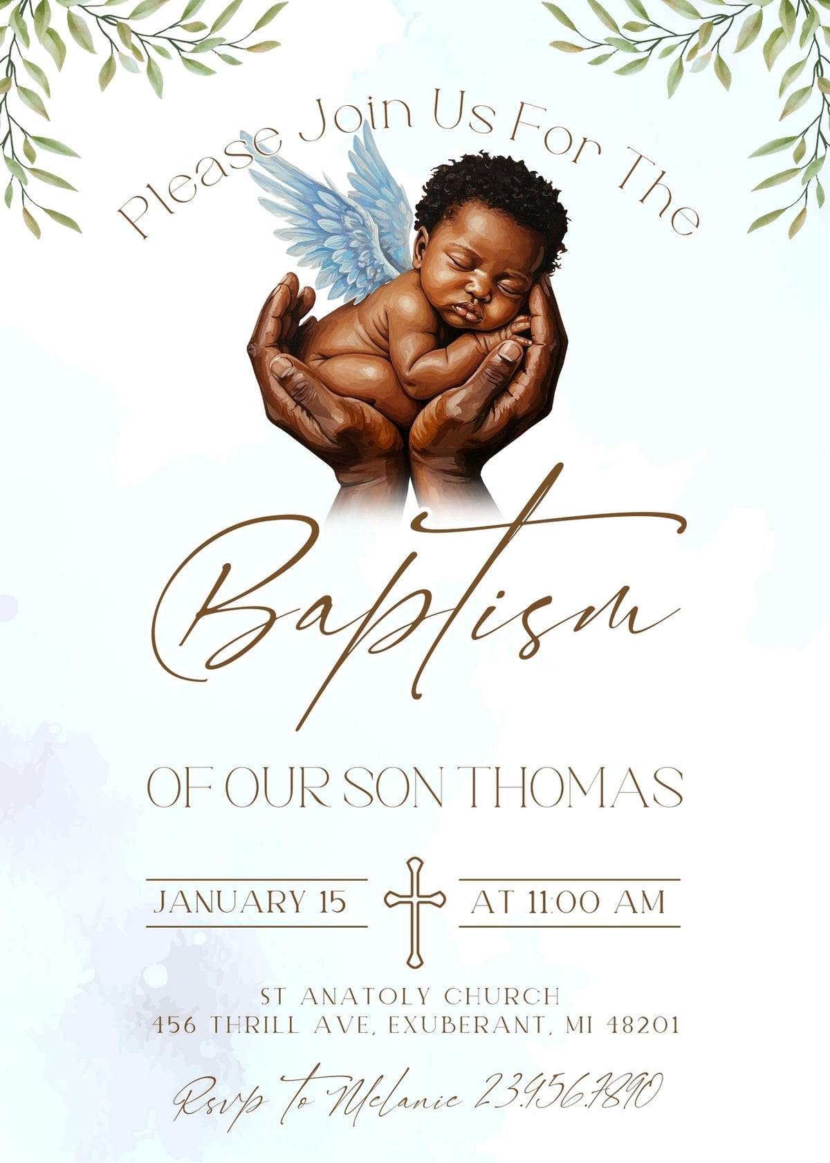 Blue-Winged Baby Angel Baptism Invitation - Editable 5×7