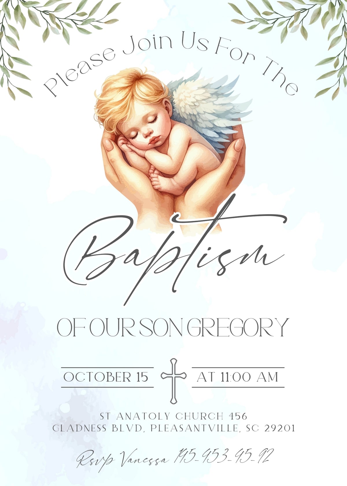 Blond Baby Angel Baptism Invitation - Editable 5×7