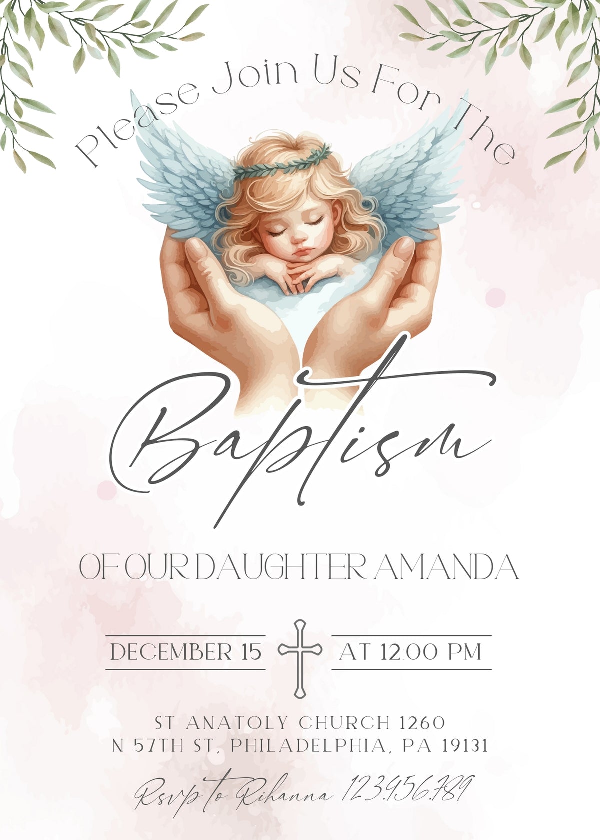 Blush Baby Angel Baptism Invitation - Editable 5×7