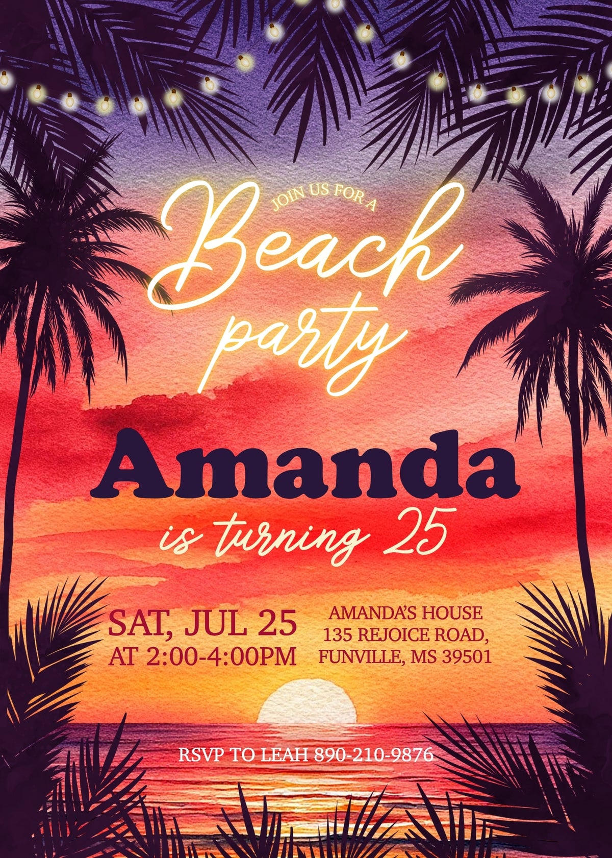 Tropical Sunset Beach Birthday Invitation - Editable 5×7