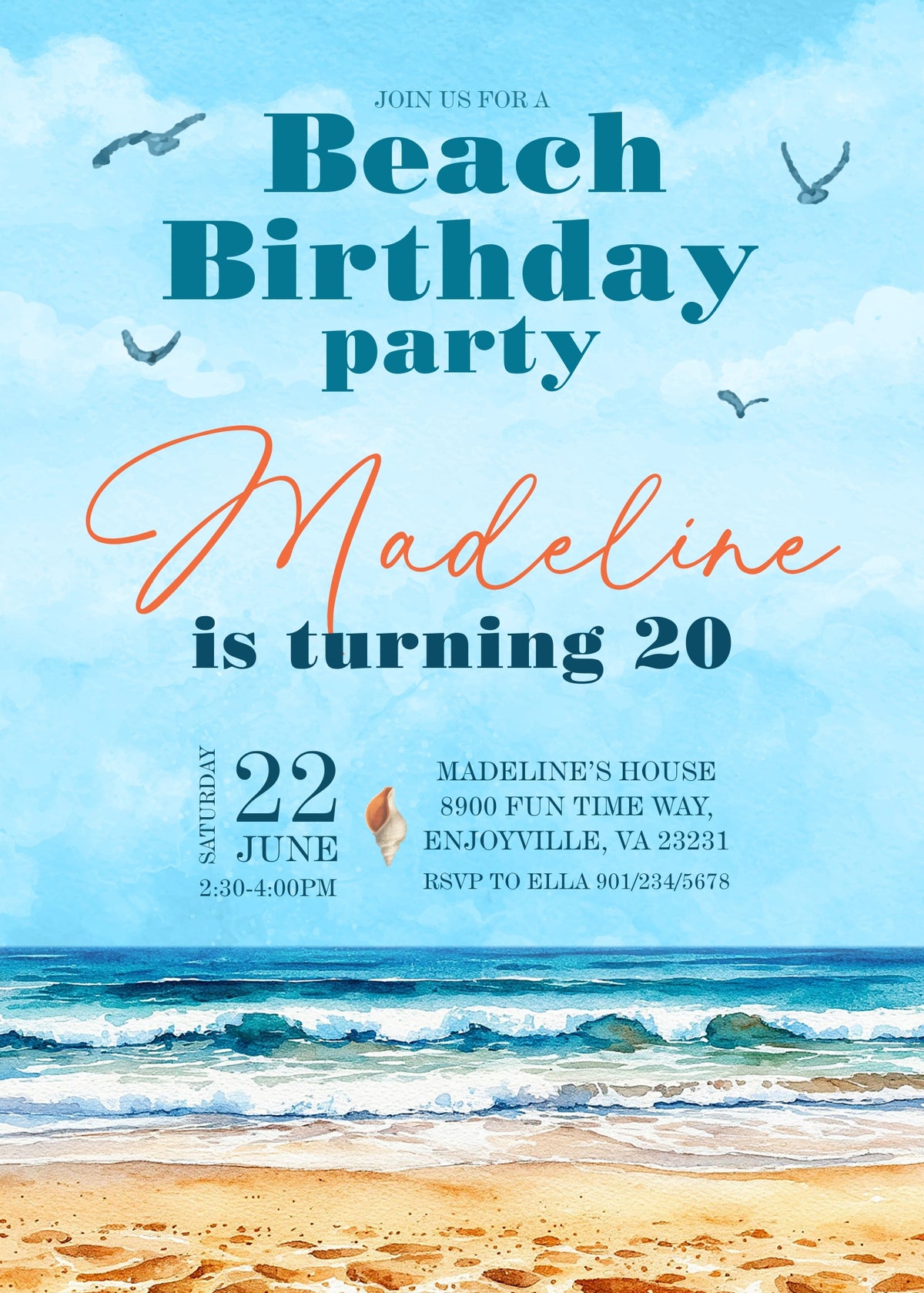 Ocean Waves Beach Birthday Invitation - Editable 5×7