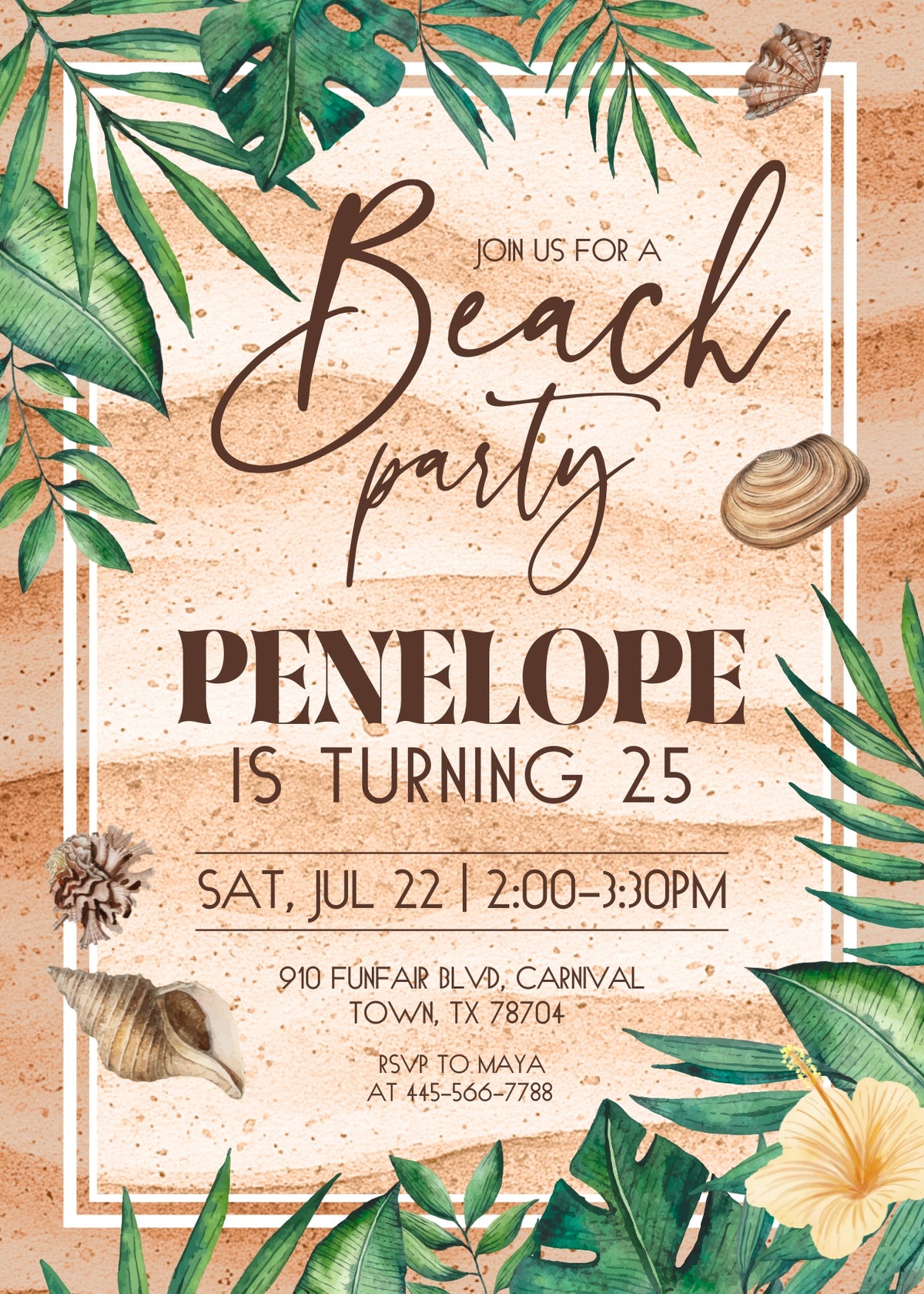 Beach Palms and Seashells Birthday Invitation; editable 5×7-inch invitation front preview.