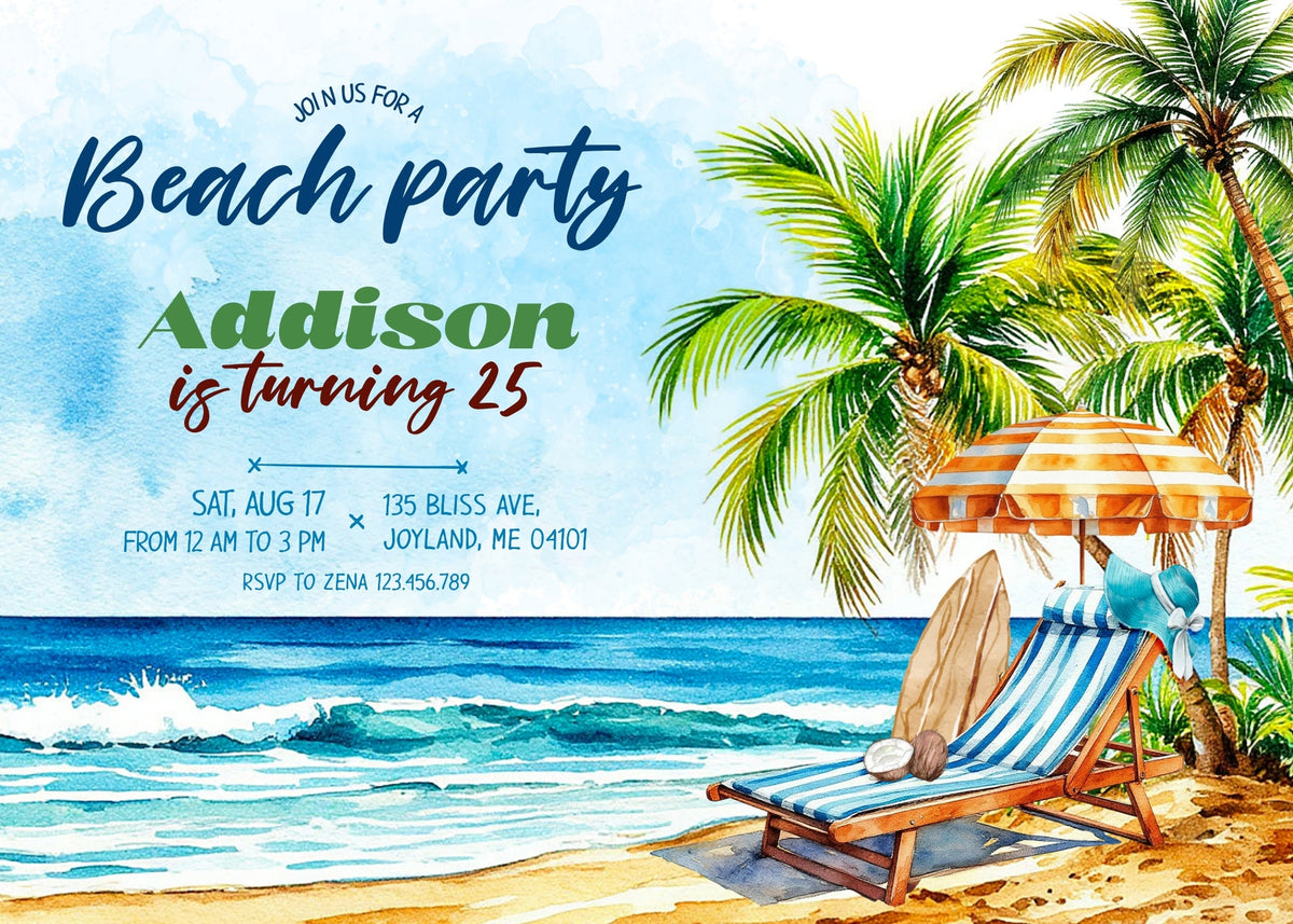 Tropical Beach Chair Birthday Invitation; editable 5×7-inch invitation front preview.