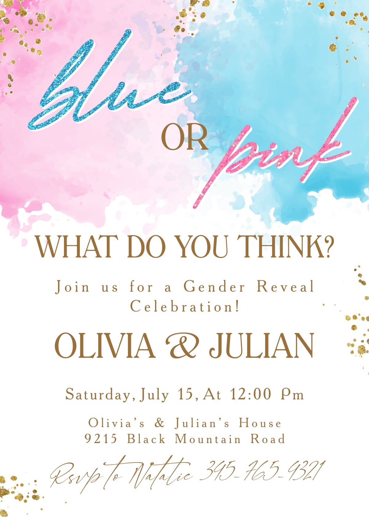 Pink and Blue Watercolor Gender Reveal Invitation - Editable 5×7