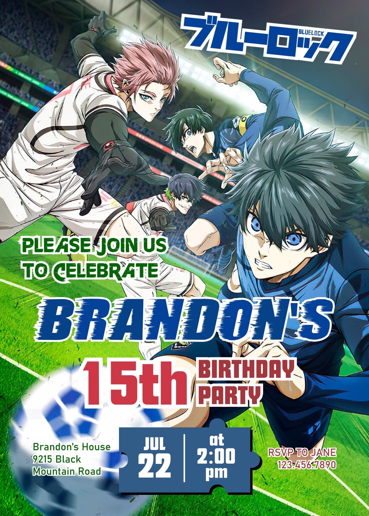 Blue Lock Stadium Action Birthday Invitation - Editable 5×7