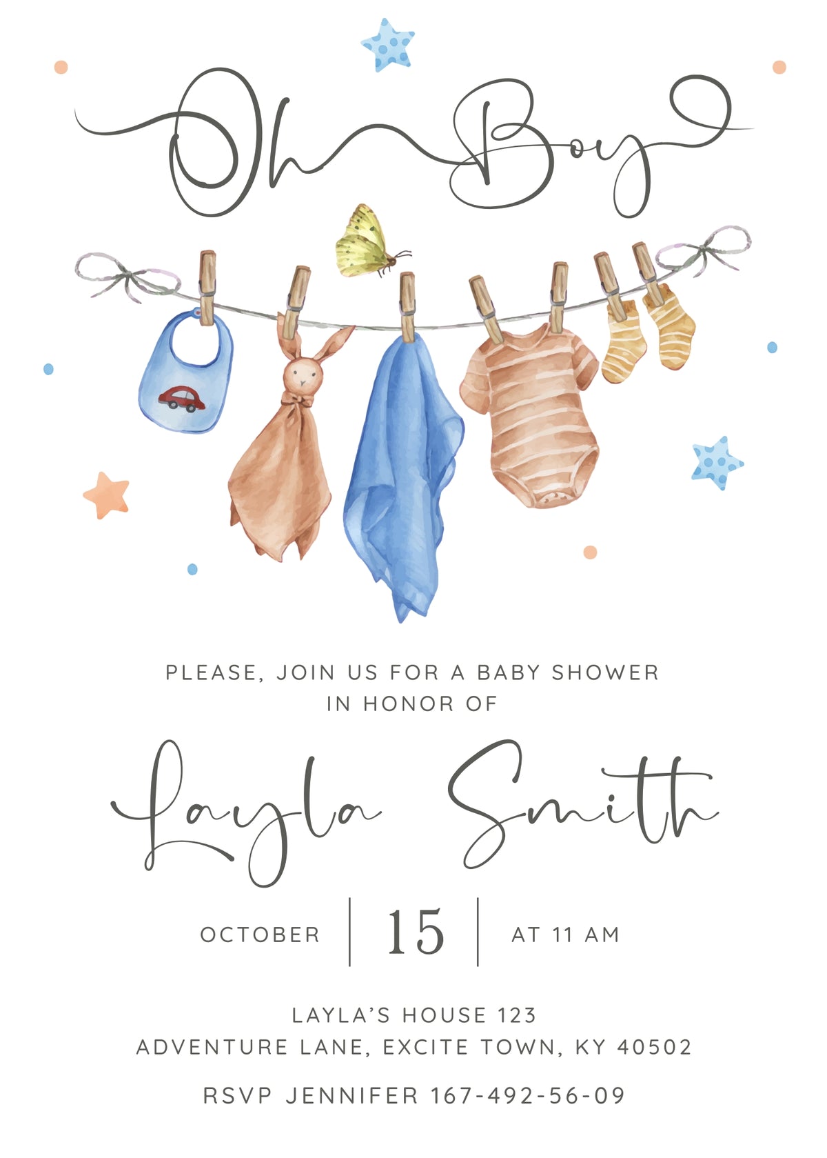 Blue and Tan Clothesline Baby Shower Invitation - Editable 5×7