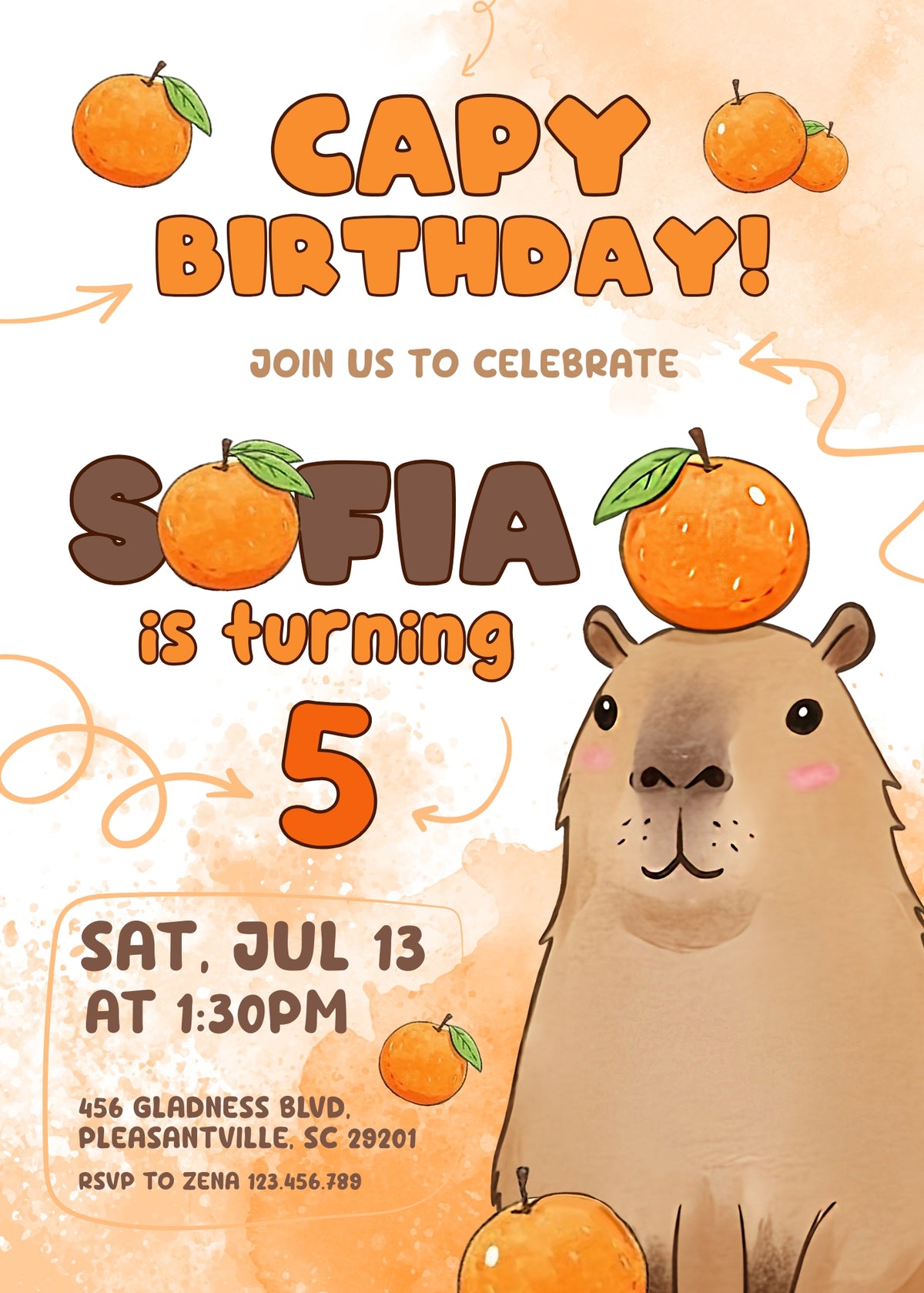 Capybara and Oranges Birthday Invitation - Editable 5×7