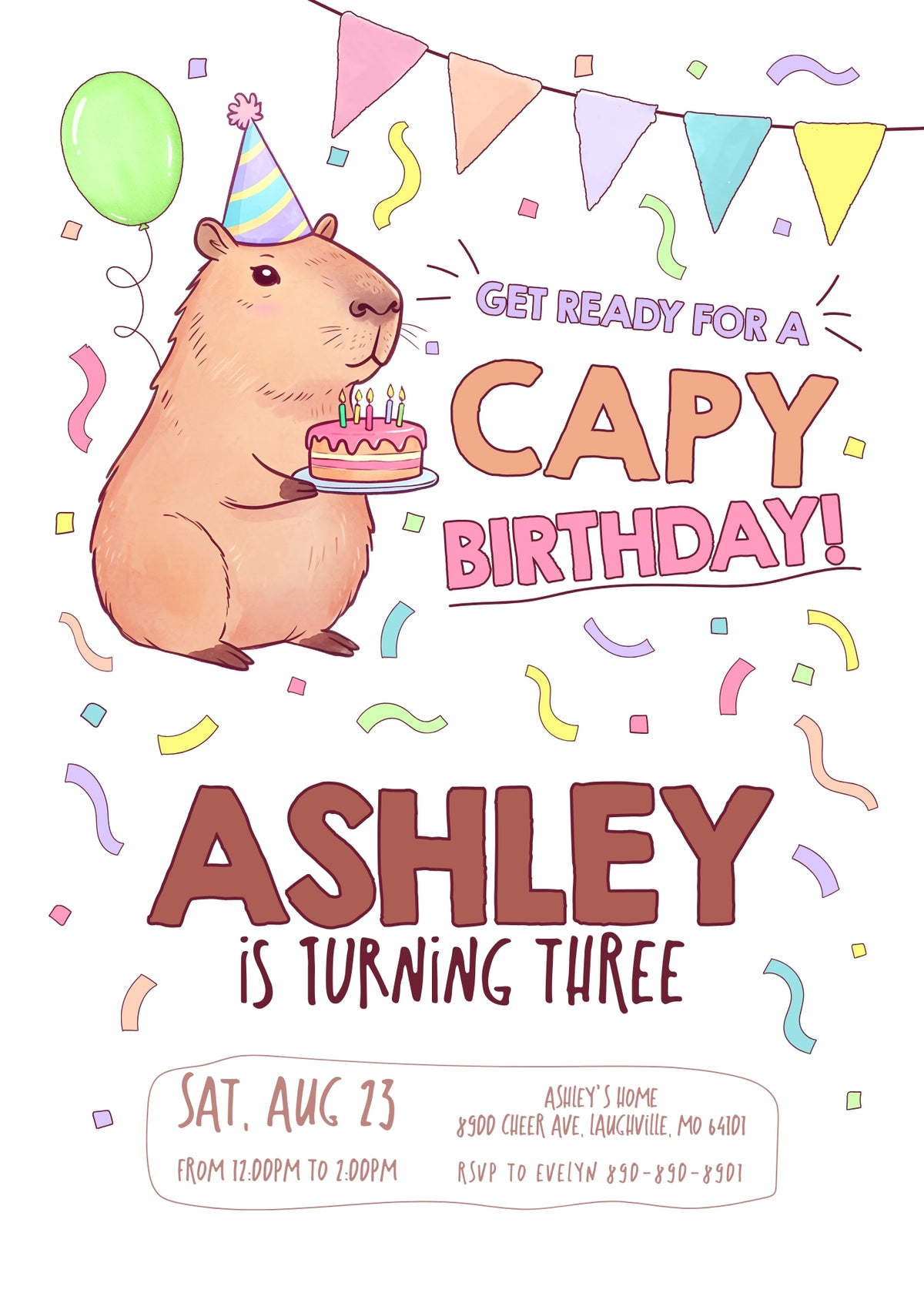 Confetti Capybara Birthday Cake Invitation - Editable 5×7