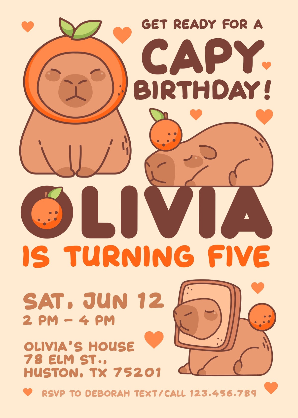 Orange Capybara Birthday Invitation; editable 5×7-inch invitation front preview.