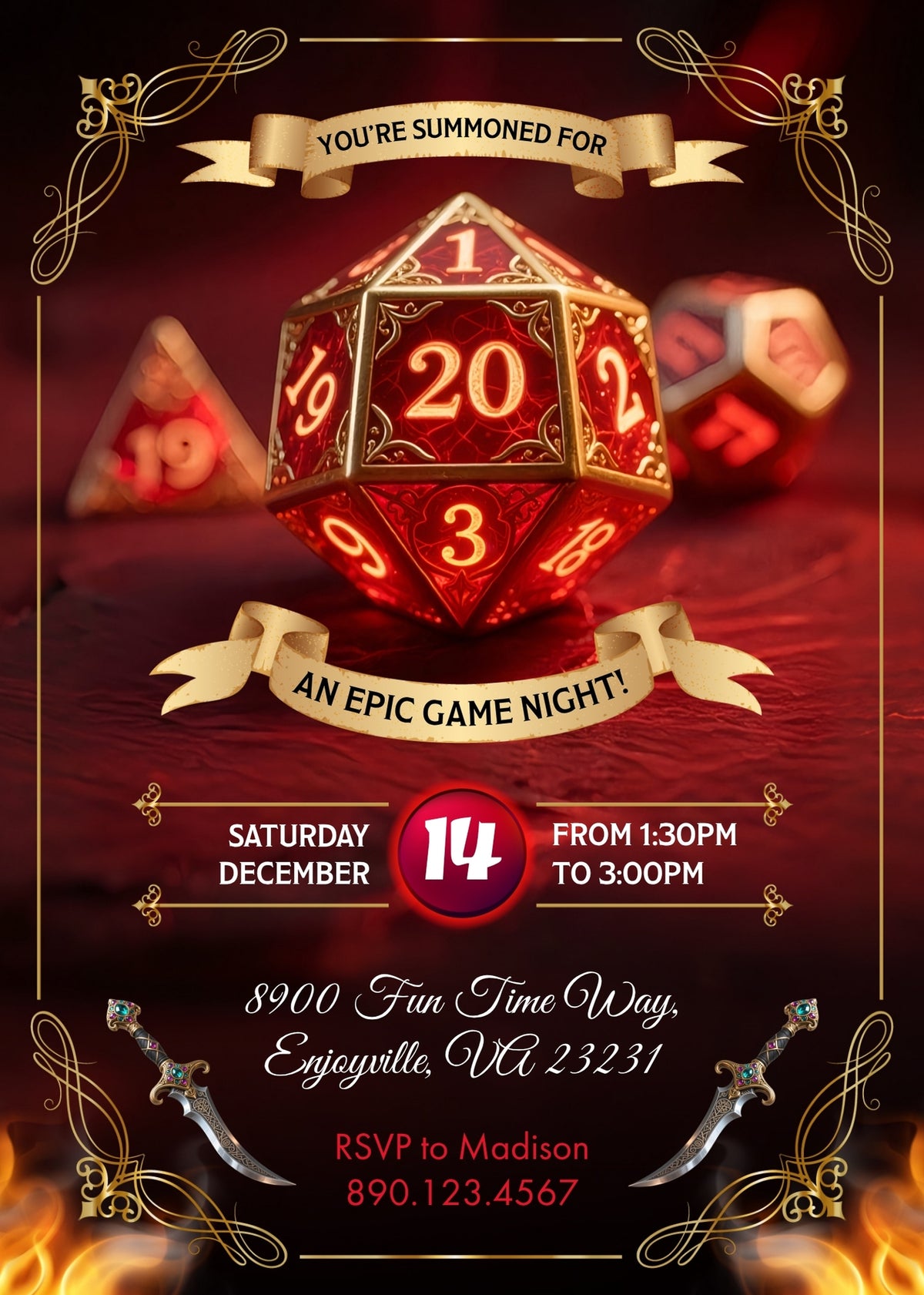 Dungeons and Dragons Red D20 Game Night Invitation - Editable 5×7