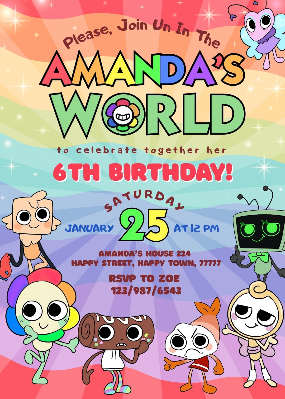 Dandy's World Rainbow Waves Birthday Invitation - Editable 5×7