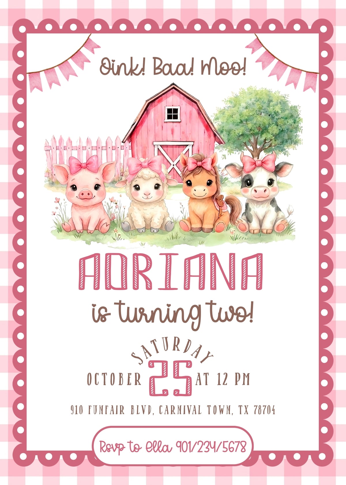 Pink Barnyard 2nd Birthday Invitation - Editable 5×7