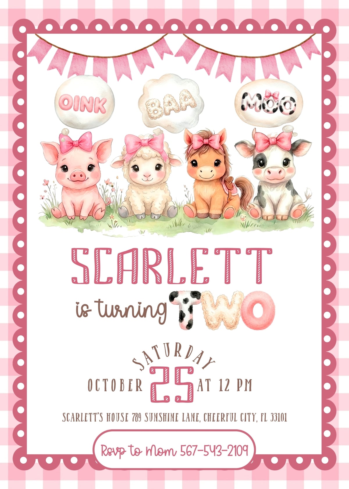 Pink Farm Animal Balloons 2nd Birthday Invitation - Editable 5×7
