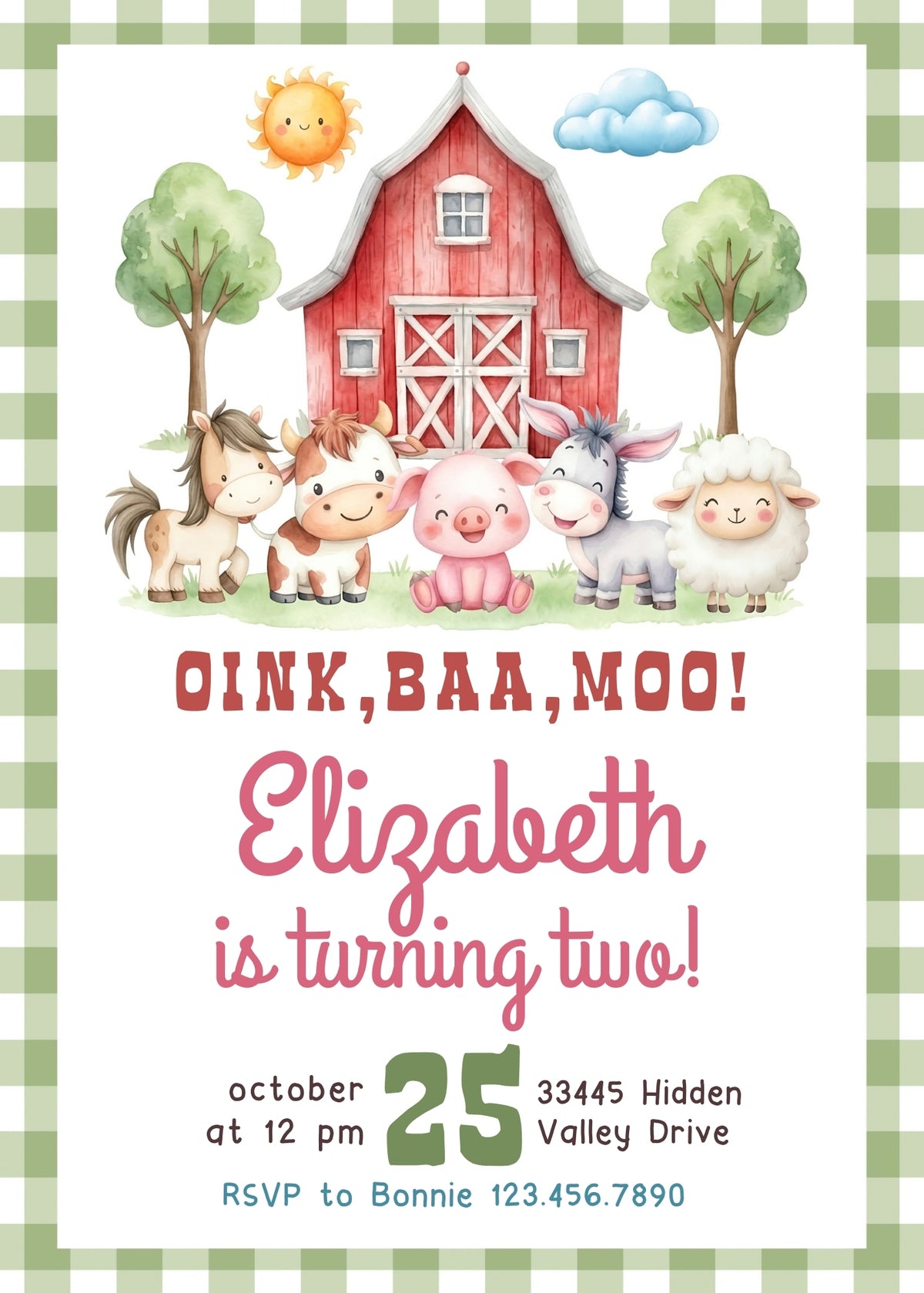Green Gingham Farm 2nd Birthday Invitation - Editable 5×7