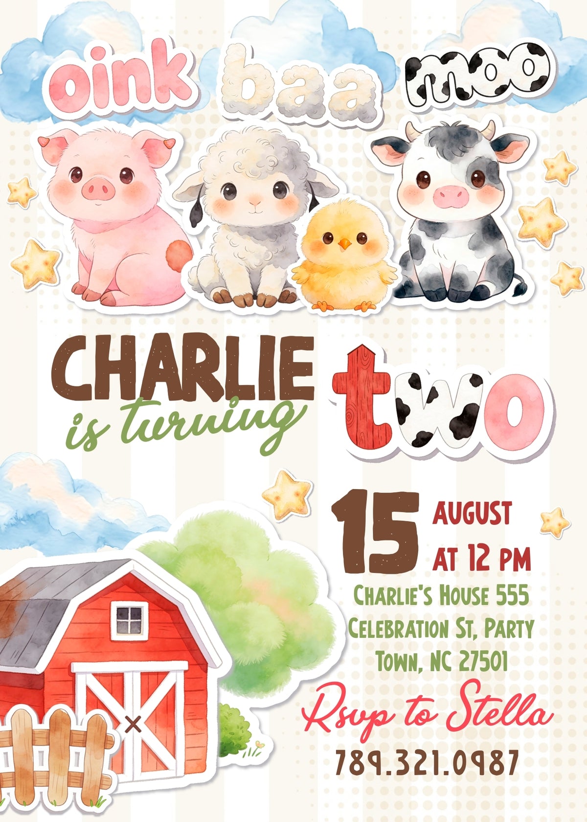 Oink Baa Moo Barnyard Second Birthday Invitation; editable 5×7-inch invitation front preview.