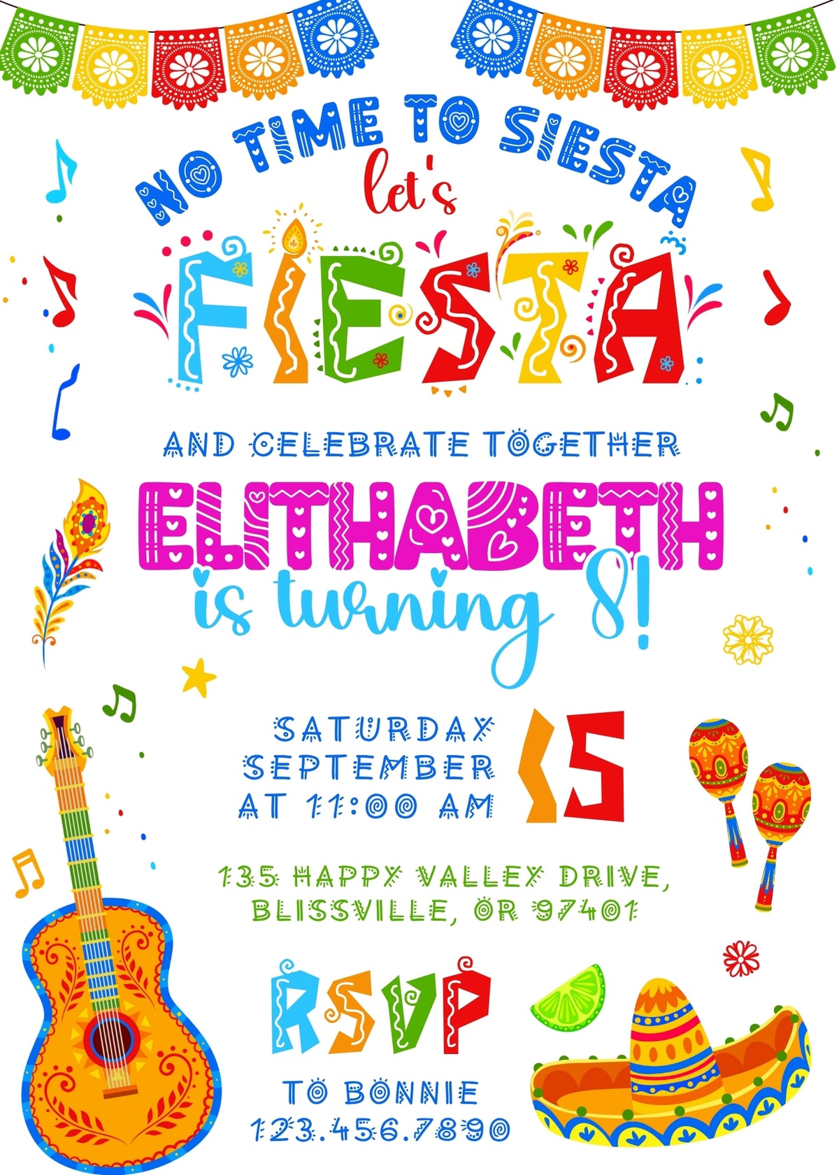 Colorful Guitar Fiesta Birthday Invitation - Editable 5×7