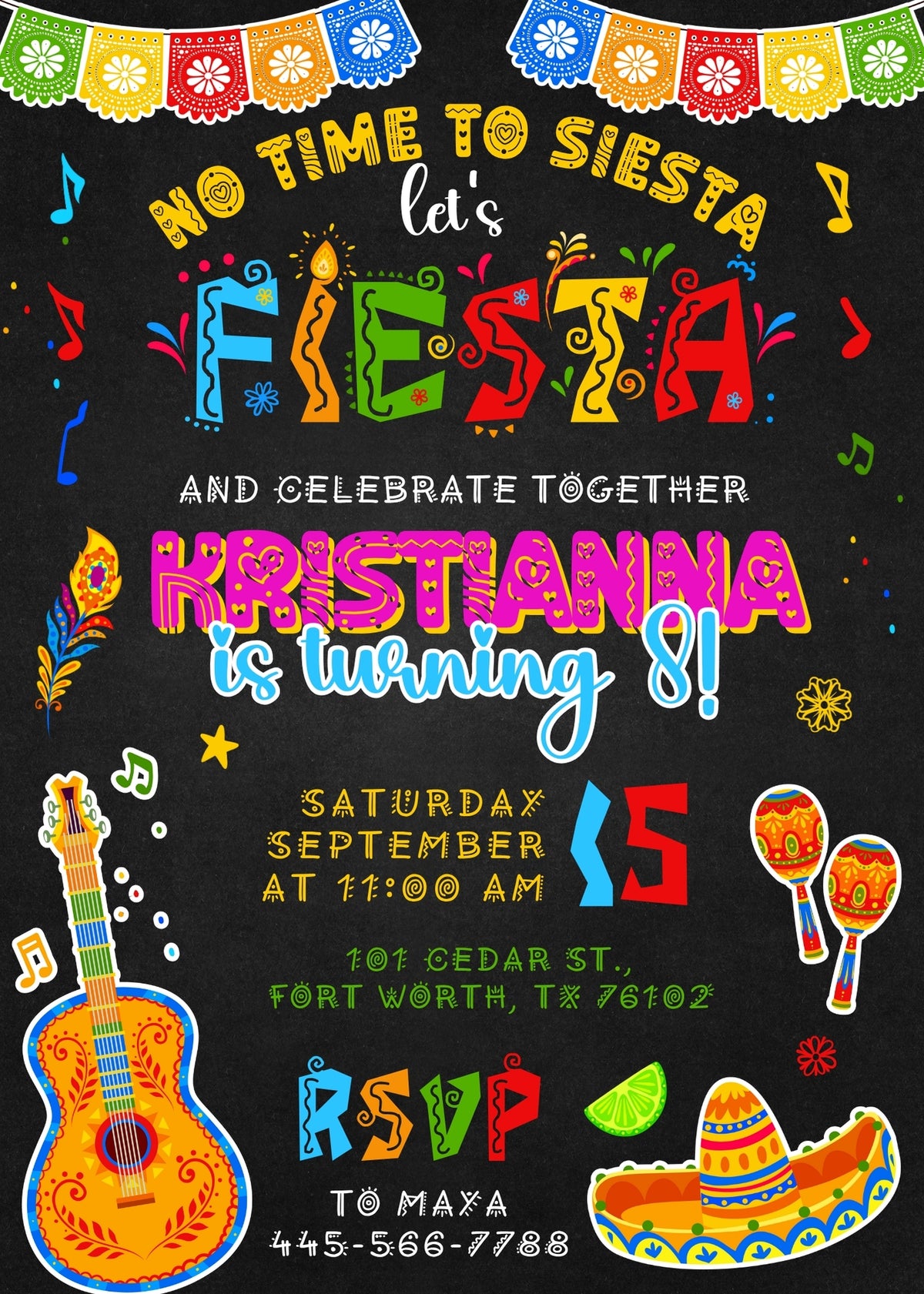 Chalkboard Guitar Fiesta Birthday Invitation - Editable 5×7
