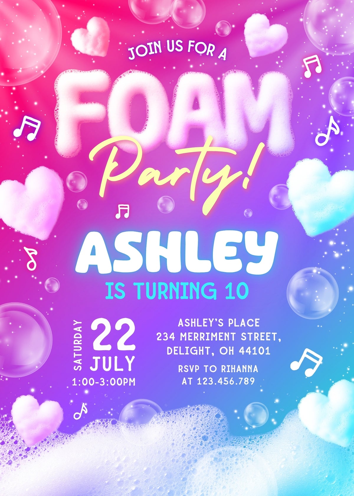 Pink and Purple Heart Foam Party Invitation - Editable 5×7