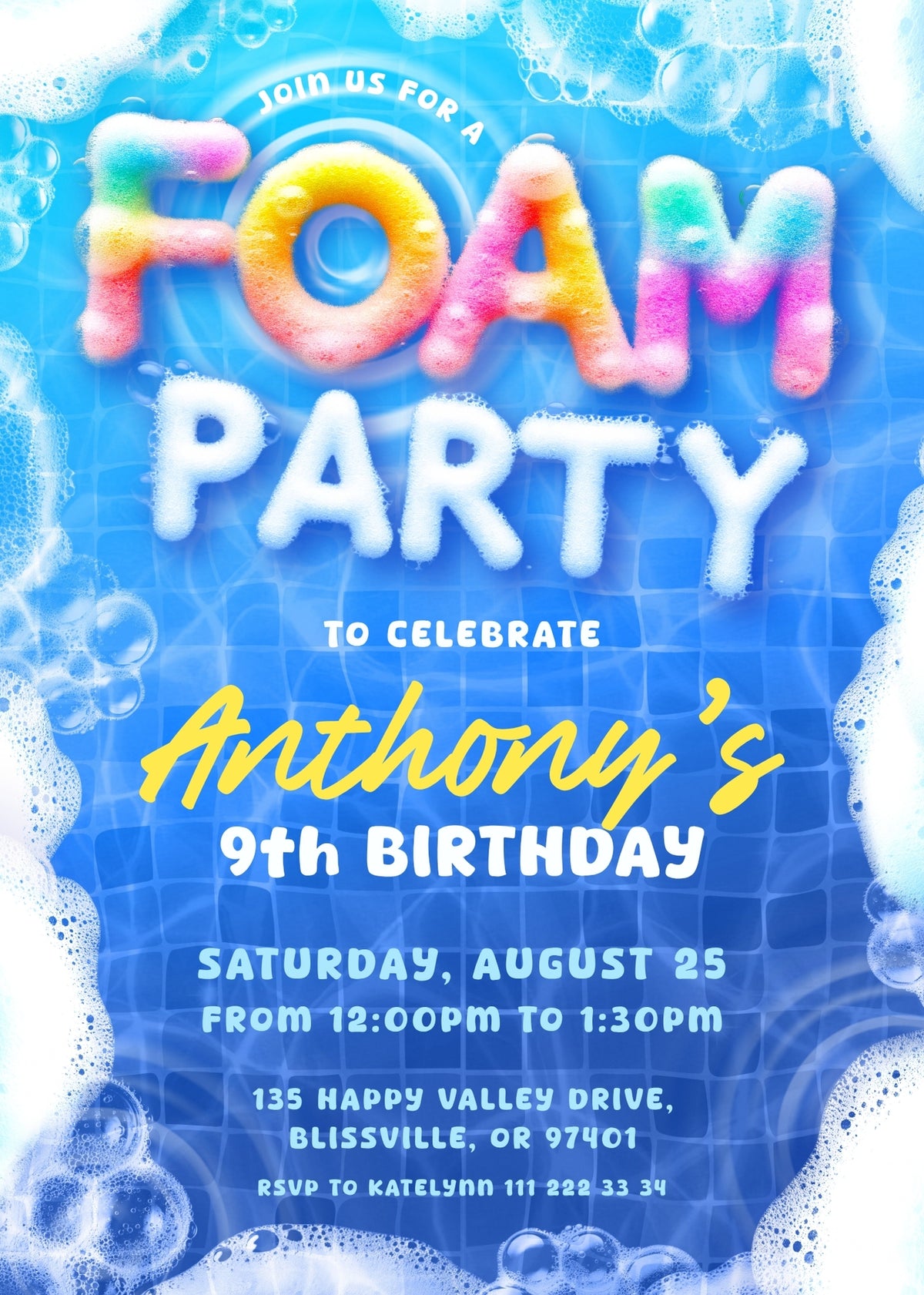 Rainbow Foam Letters Birthday Invitation; editable 5×7-inch invitation front preview.