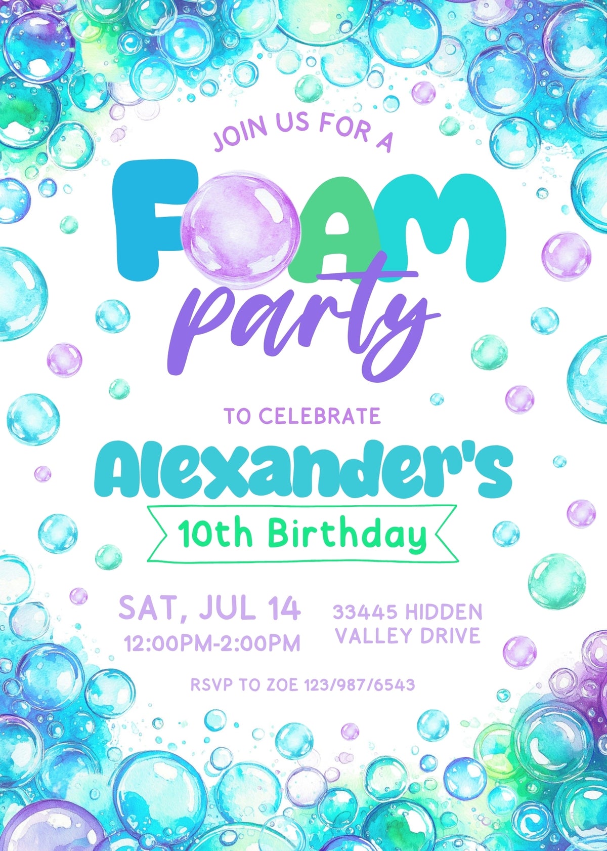 Aqua Bubble Foam Party Birthday Invitation; editable 5×7-inch invitation front preview.