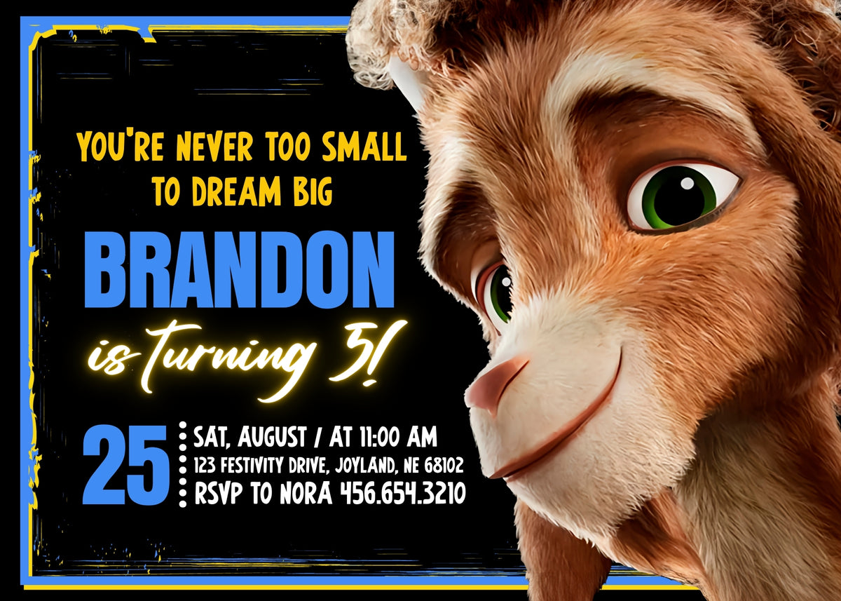 GOAT Close-Up Birthday Invitation; editable 5×7-inch invitation front preview.