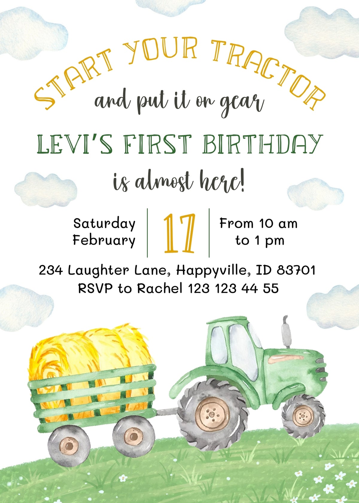 Green Tractor Hay Wagon Birthday Invitation - Editable 5×7