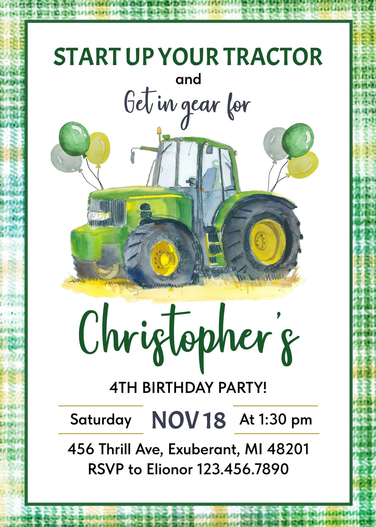 Green Plaid Tractor Birthday Invitation - Editable 5×7