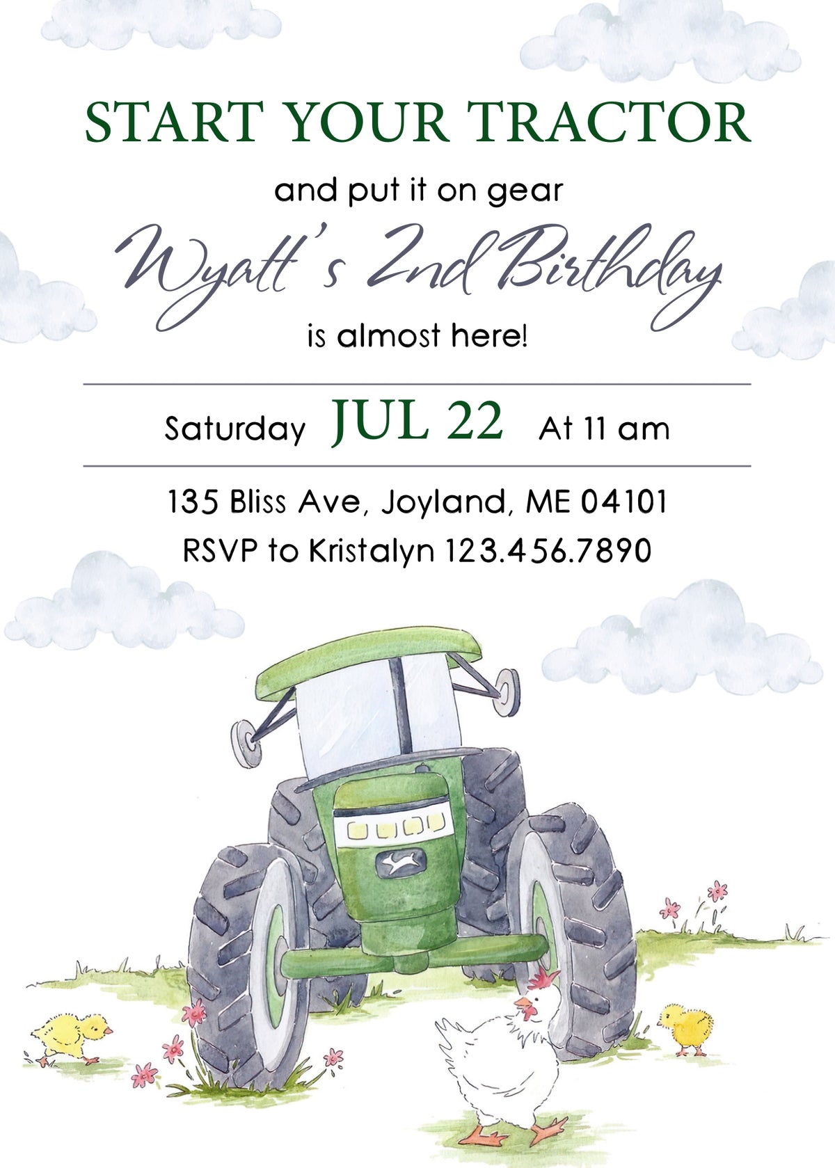 Green Tractor and Chicks Birthday Invitation - Editable 5×7