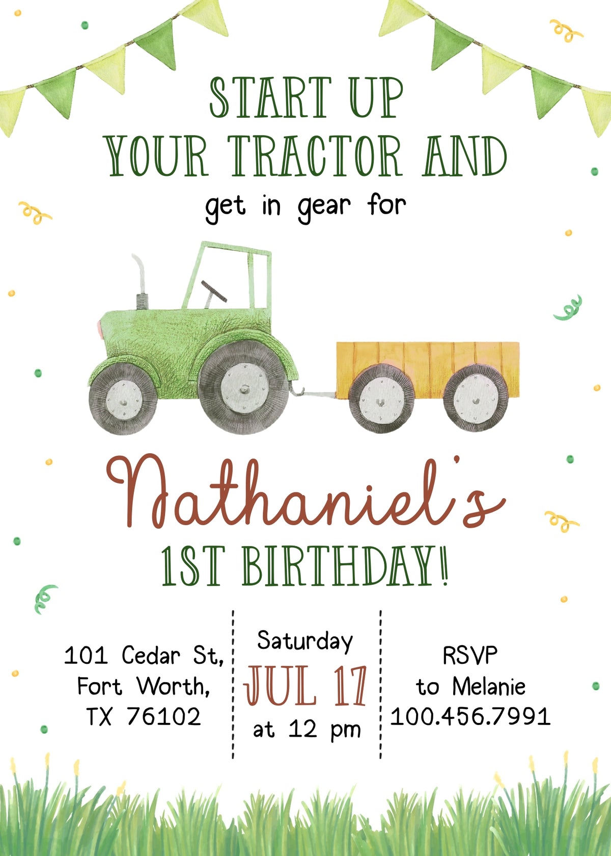Green Tractor and Trailer Birthday Invitation; editable 5×7-inch invitation front preview.