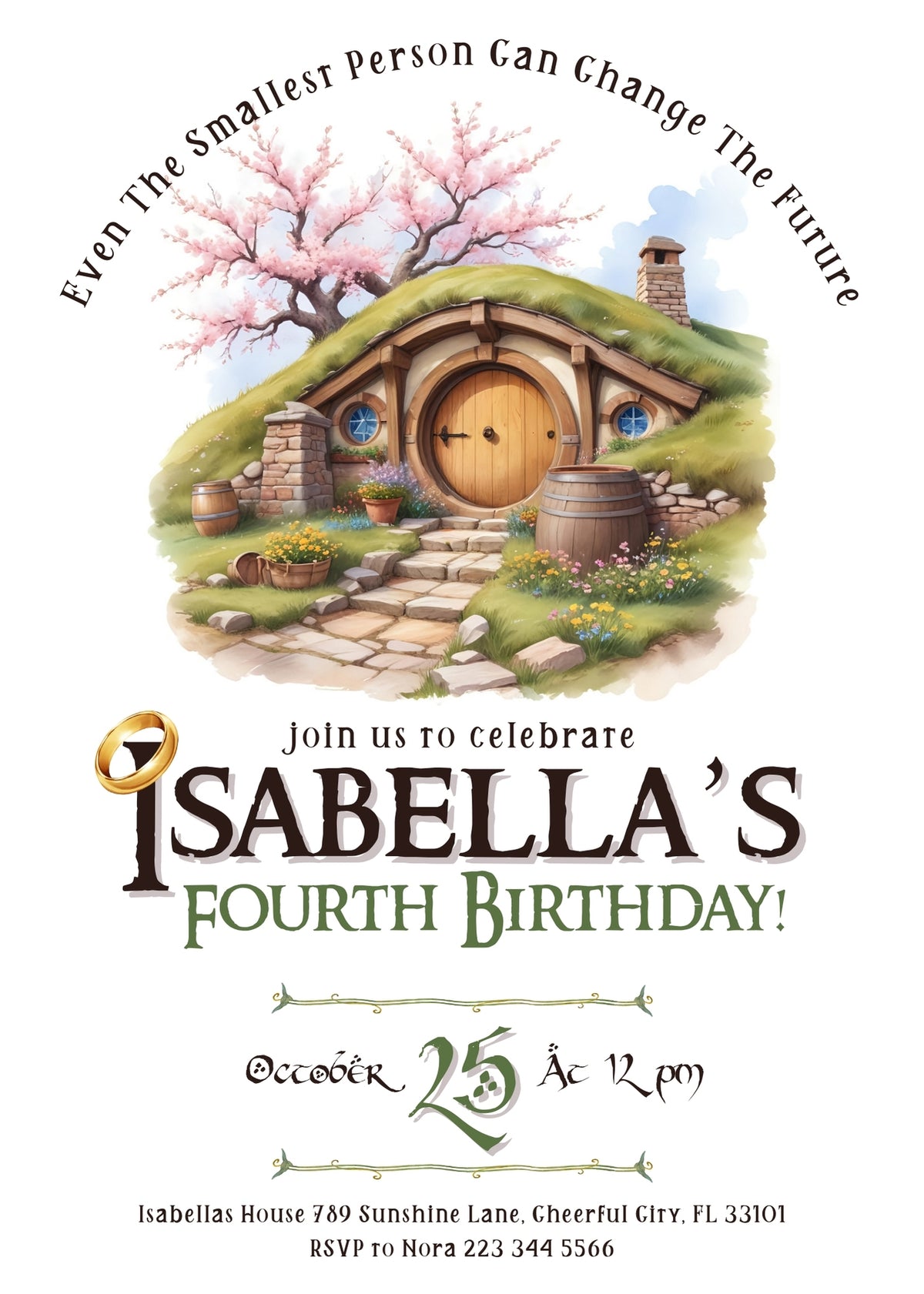 Hobbit Round Door Cottage Birthday Invitation - Editable 5×7