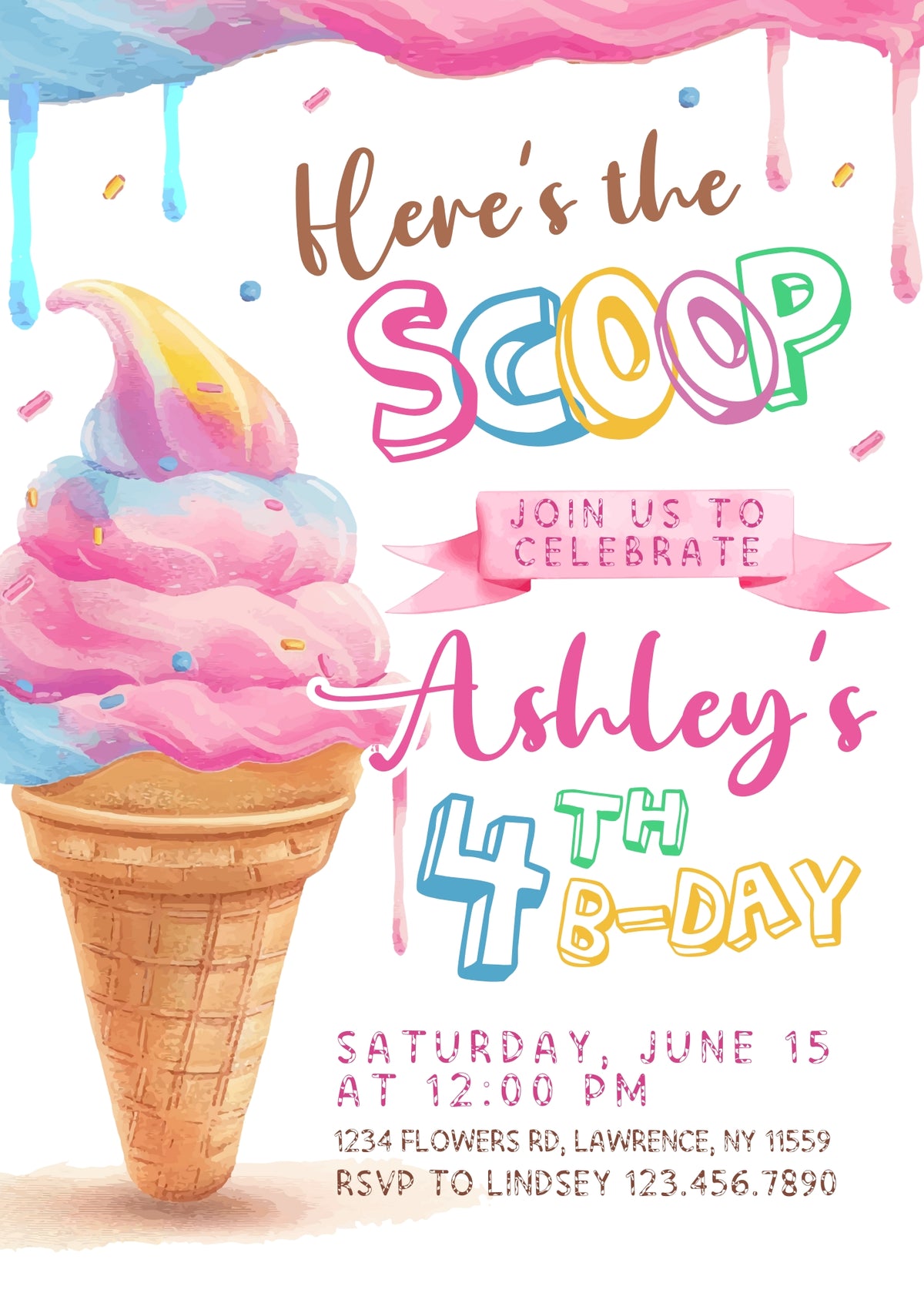 Rainbow Soft Serve Ice Cream Birthday Invitation - Editable 5×7