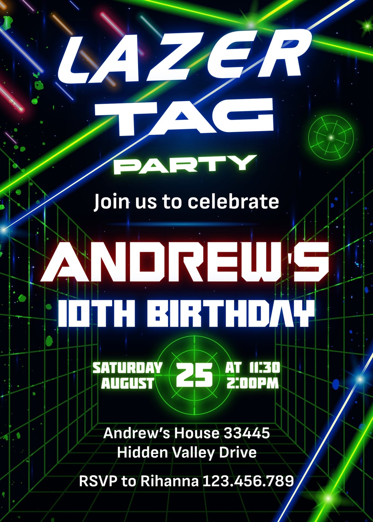 Laser Tag Neon Grid Birthday Invitation - Editable 5×7