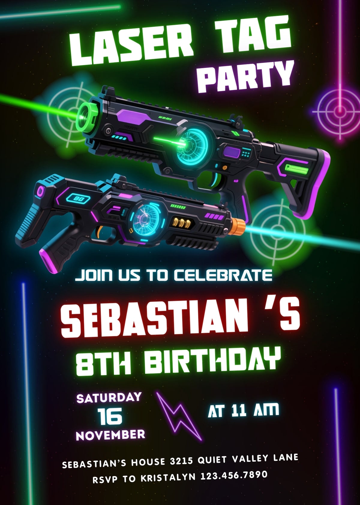 Laser Tag Neon Blasters Birthday Invitation - Editable 5×7