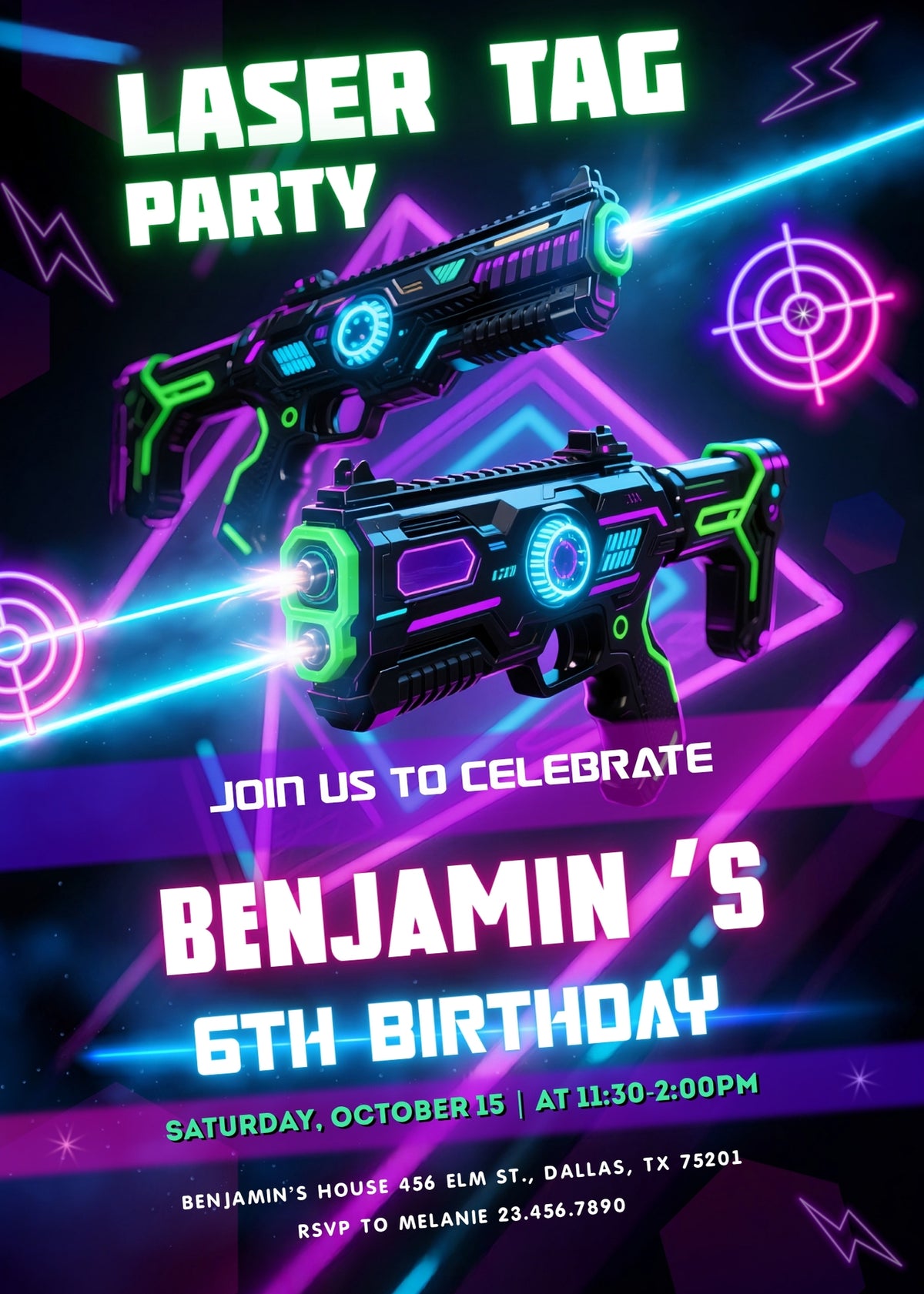 Laser Tag Purple Neon Blasters Birthday Invitation; editable 5×7-inch invitation front preview.