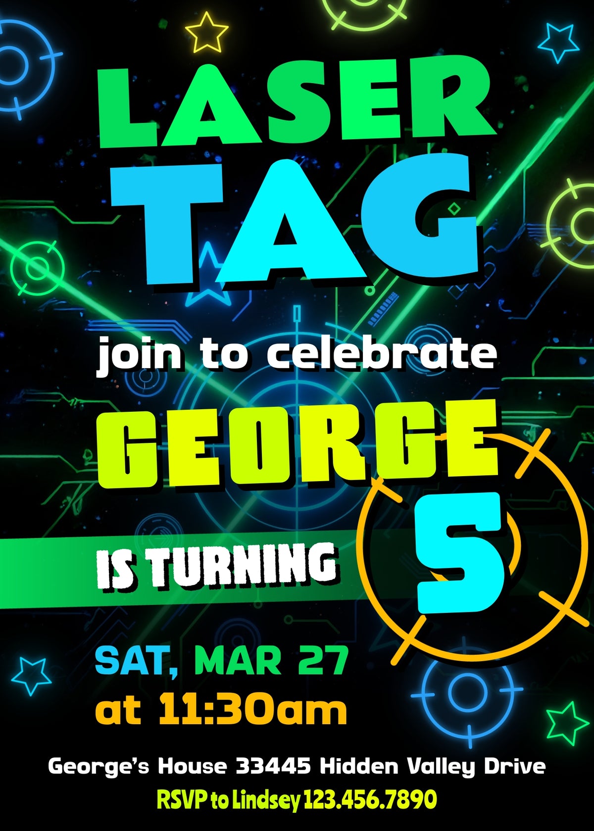 Laser Tag Green and Blue Targets Birthday Invitation; editable 5×7-inch invitation front preview.