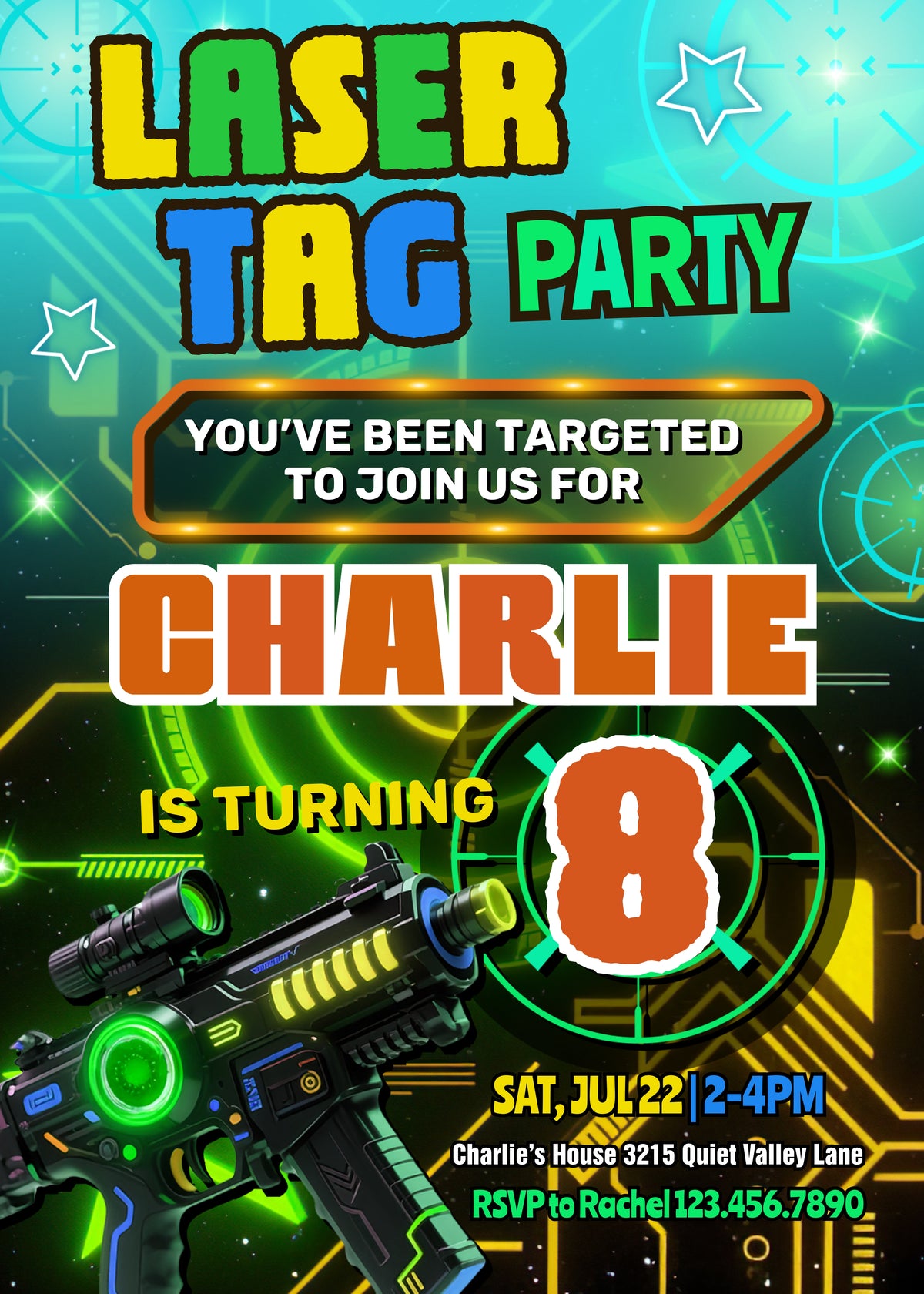 Laser Tag Teal Target Birthday Invitation; editable 5×7-inch invitation front preview.