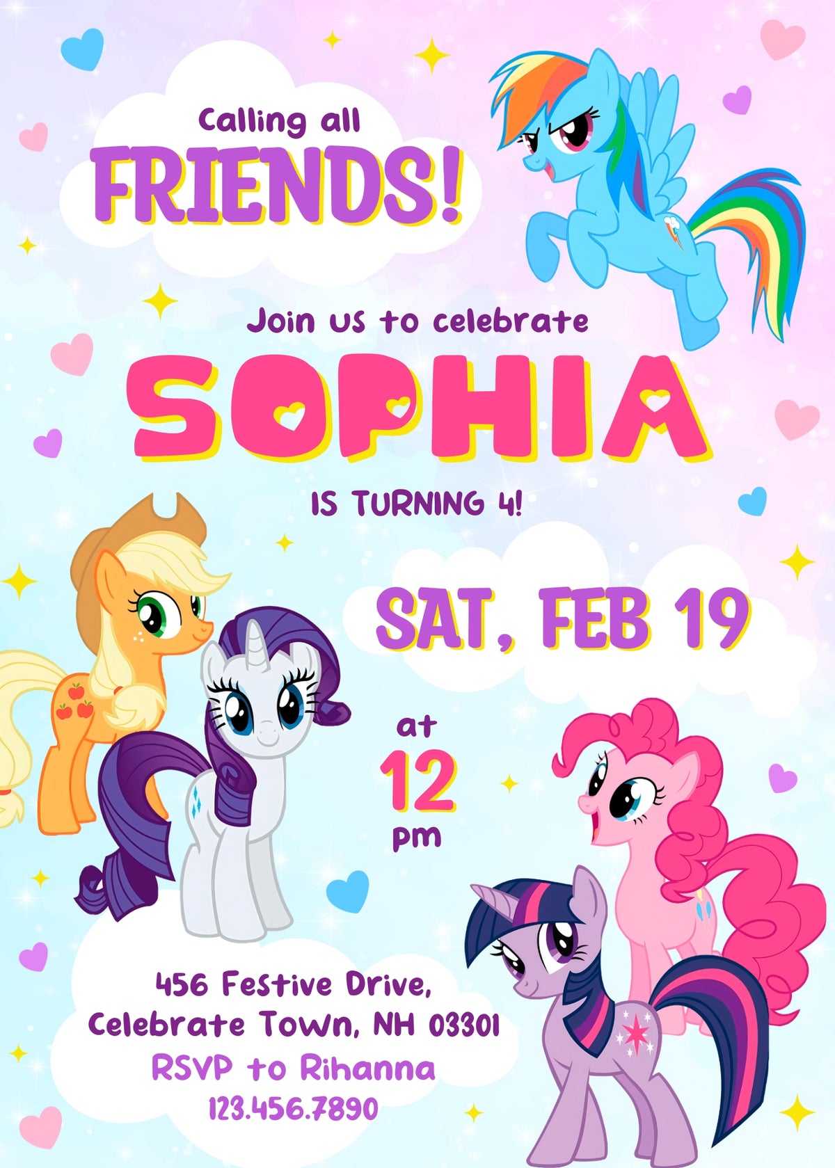 My Little Pony Rainbow Hearts Birthday Invitation - Editable 5×7