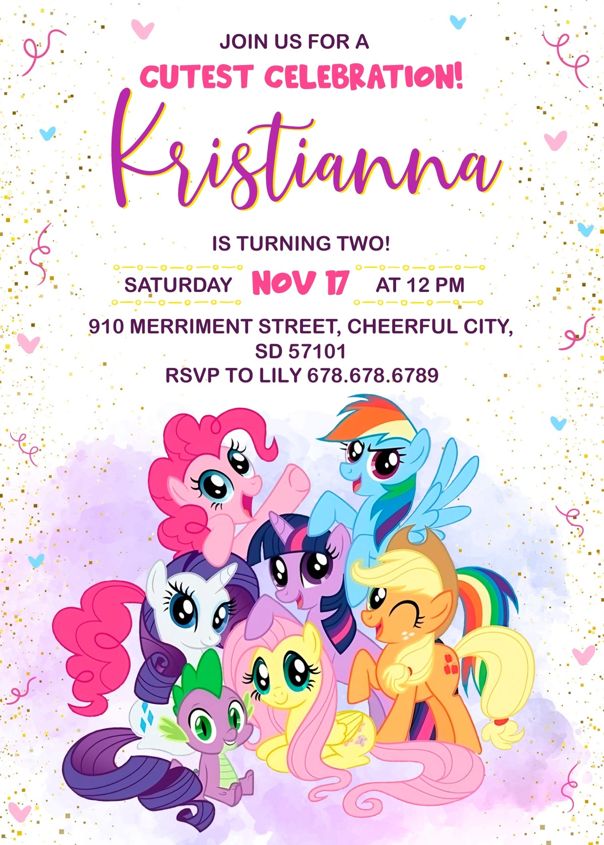 My Little Pony Friendship Group Birthday Invitation; editable 5×7-inch invitation front preview.
