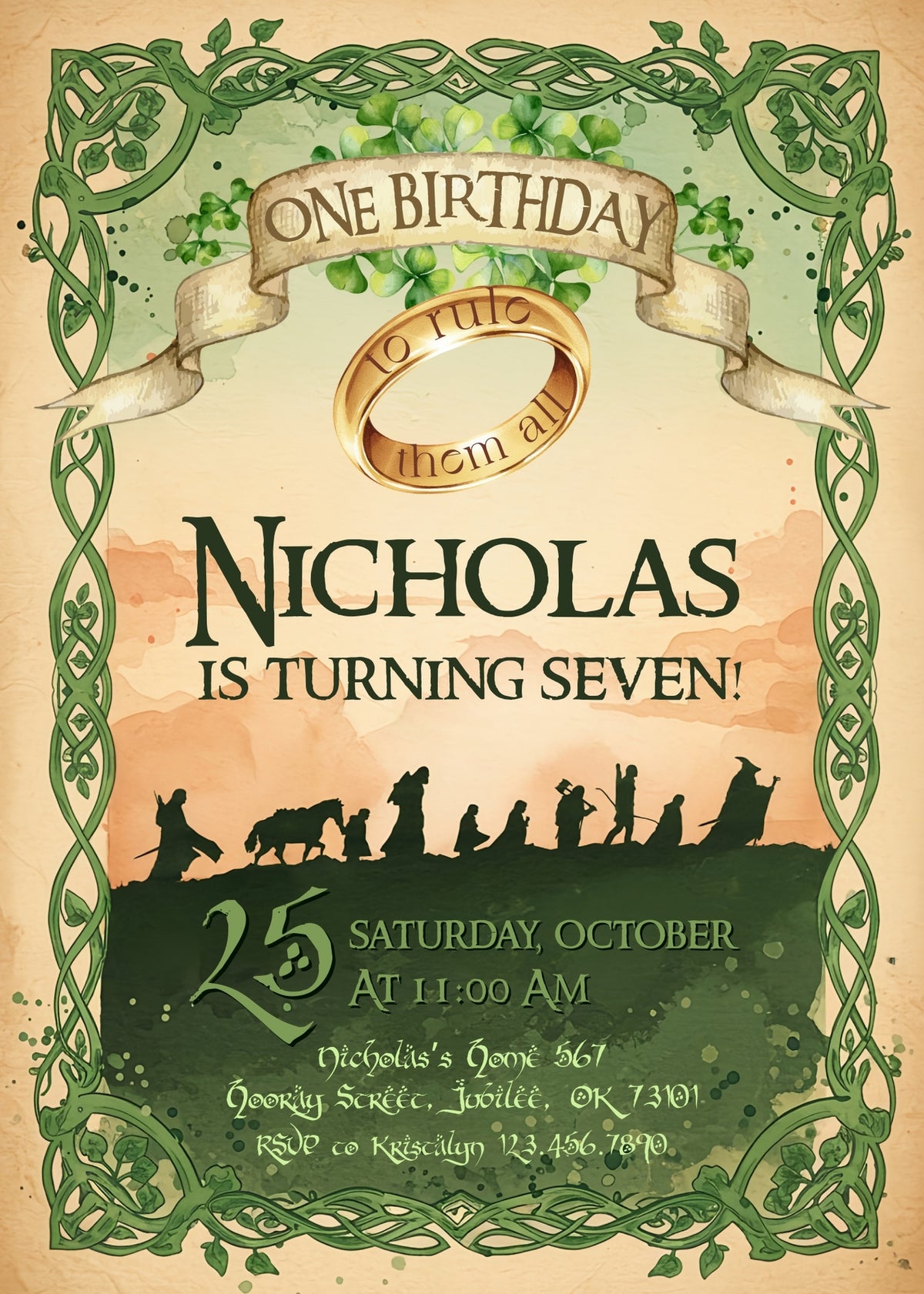 Lord of the Rings Golden Ring Birthday Invitation - Editable 5×7