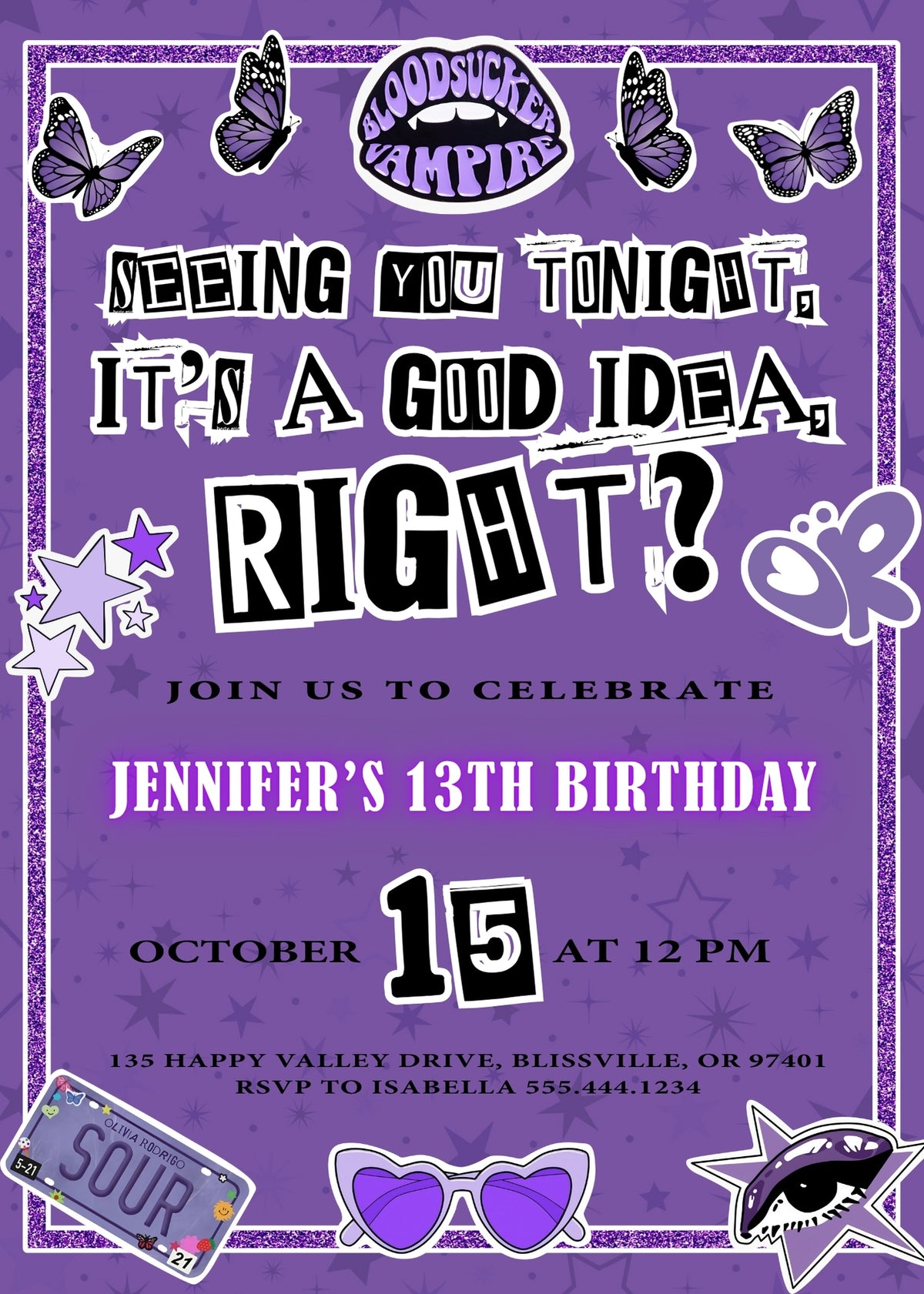 Olivia Rodrigo Purple Butterfly Collage Birthday Invitation - Editable 5×7
