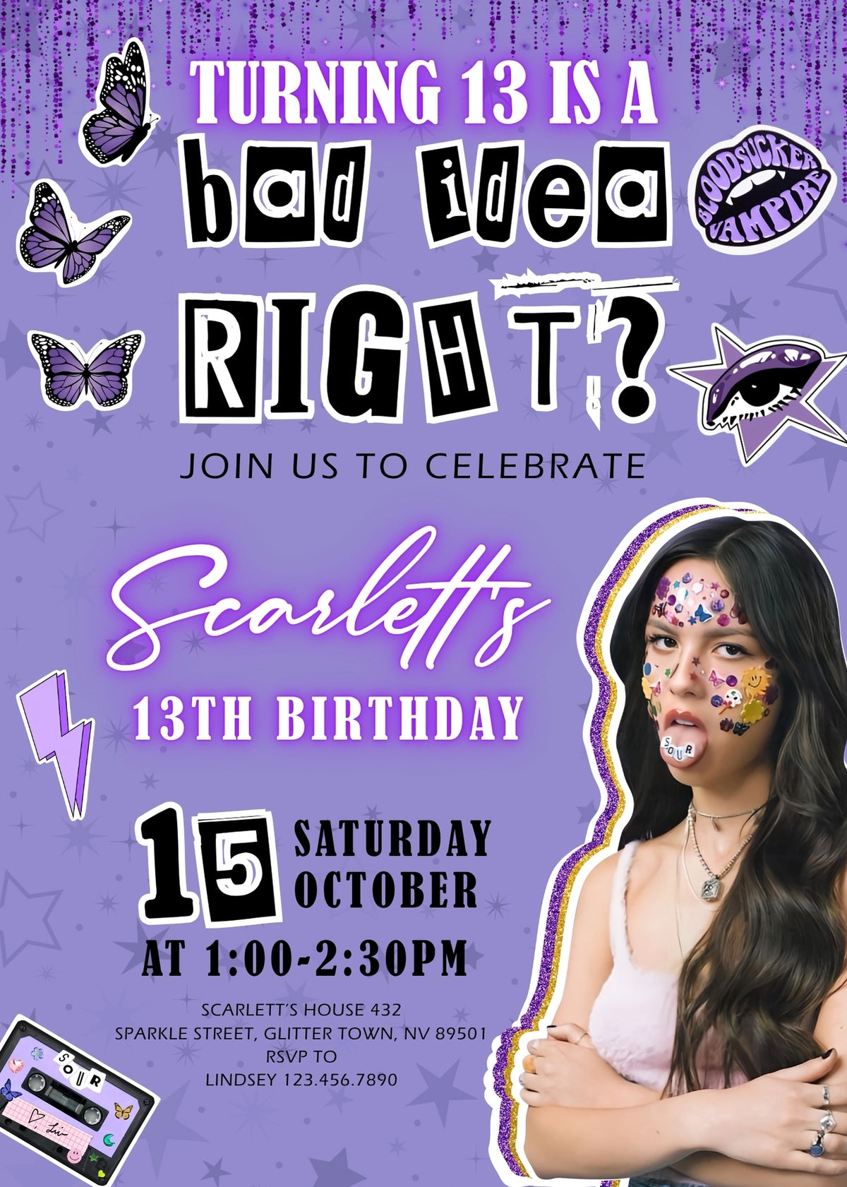 Olivia Rodrigo Purple Portrait Birthday Invitation - Editable 5×7