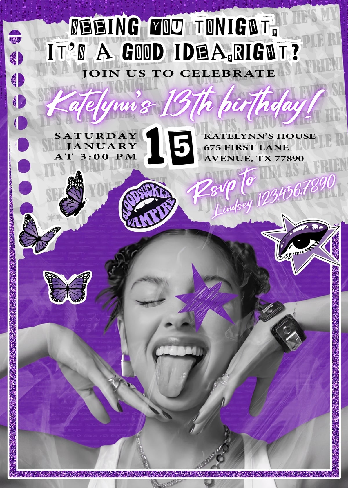 Olivia Rodrigo Purple Scrapbook Birthday Invitation - Editable 5×7