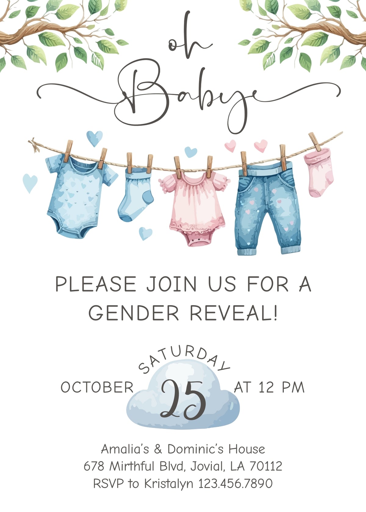 Blue and Pink Clothesline Onesie Gender Reveal Invitation - Editable 5×7