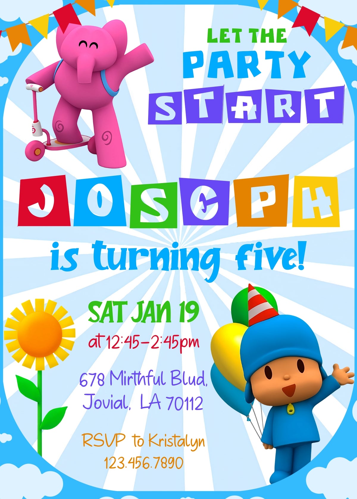 Pocoyo Blue Sunburst Birthday Invitation - Editable 5×7